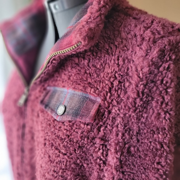 Pendleton Cozy Burgundy Teddy Bear Sherpa Jacket Size Small with Plaid Accents - Picture 4 of 8